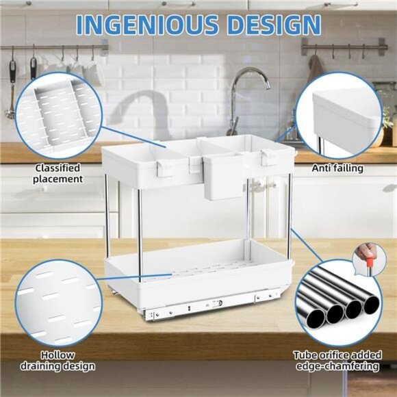 2-Tier Under Sliding Cabinet Basket Organizer with Hooks, (White) - Picture 7 of 7